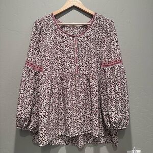 Max Studio Boho Flowy Peasant Blouse Top White Red Green Floral Sz‎ XL